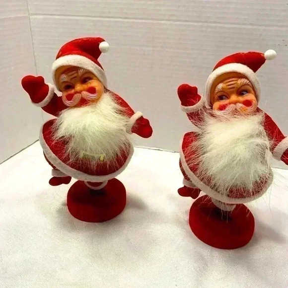 Other - Pair of Vintage Christmas Dancing Waving Santa Claus Flocked Decor 9 inches